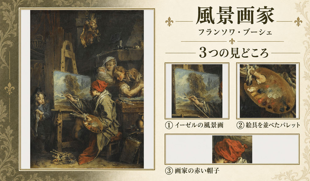 フランソワ・ブーシェ「風景画家」の全図と、イーゼルの風景画、絵具を並べたパレット、画家の赤い帽子を示した3つの見どころ