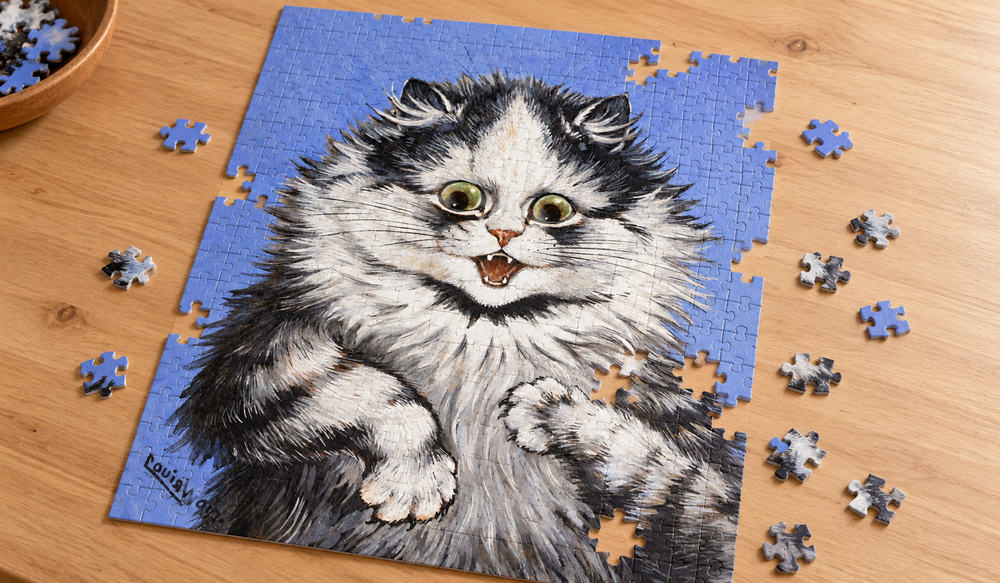 ルイス・ウェイン「驚いた！」を絵柄にした、組み立て途中のジグソーパズルのイメージ