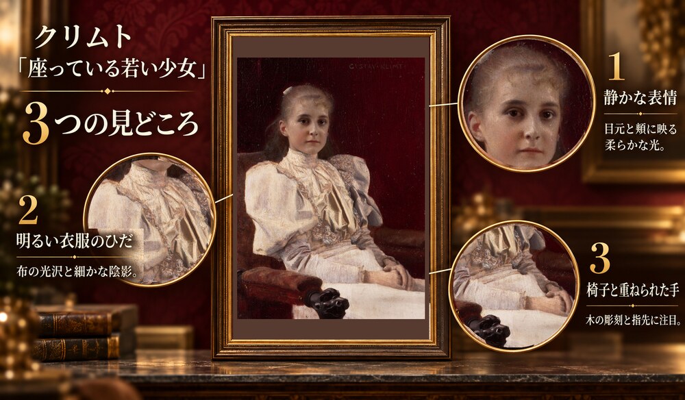「座っている若い少女」の3つの見どころ：静かな表情、明るい衣服のひだ、椅子と重ねられた手