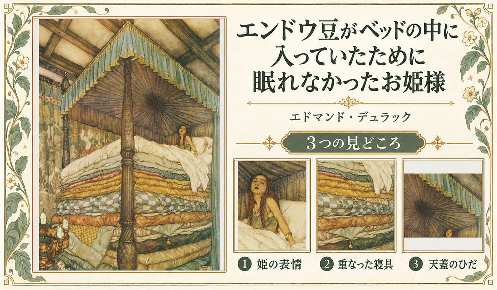 エドマンド・デュラック「エンドウ豆がベッドの中に入っていたために眠れなかったお姫様」の全図と、姫の表情、重なった寝具、天蓋のひだを示した3つの見どころ