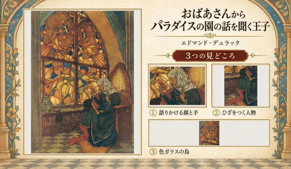 エドマンド・デュラック「おばあさんからパラダイスの園の話を聞く王子」の全図と、語りかける顔と手、ひざをつく人物、色ガラスの鳥を示した3つの見どころ