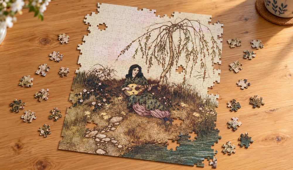 エドマンド・デュラック「ギターを弾くのが好きなラ・ベル」を絵柄にした、組み立て途中のジグソーパズルのイメージ