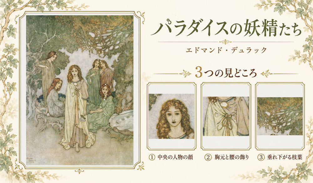 エドマンド・デュラック「パラダイスの妖精たち」の全図と、中央の人物の顔、胸元と腰の飾り、垂れ下がる枝葉を示した3つの見どころ