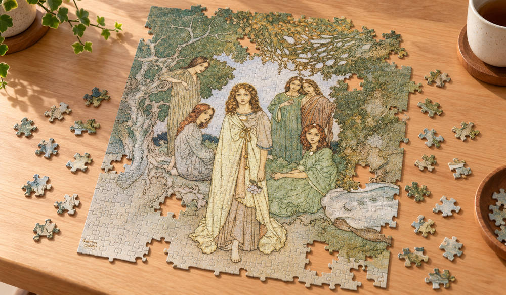 エドマンド・デュラック「パラダイスの妖精たち」を絵柄にした、組み立て途中のジグソーパズルのイメージ