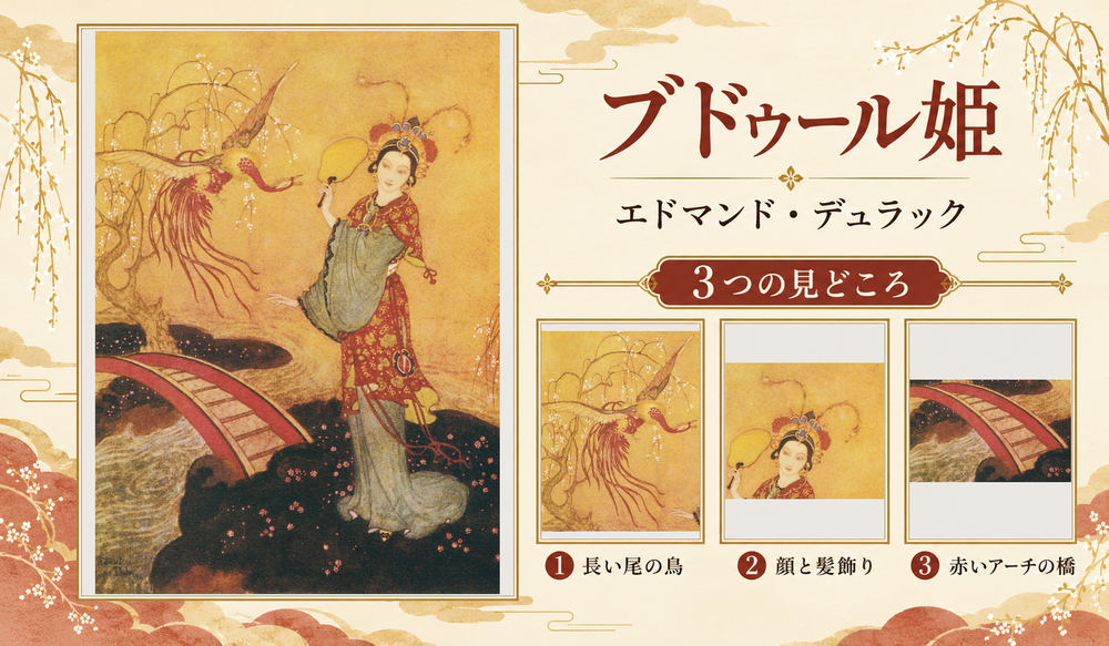エドマンド・デュラック「ブドゥール姫」の全図と、長い尾の鳥、顔と髪飾り、赤いアーチの橋を示した3つの見どころ