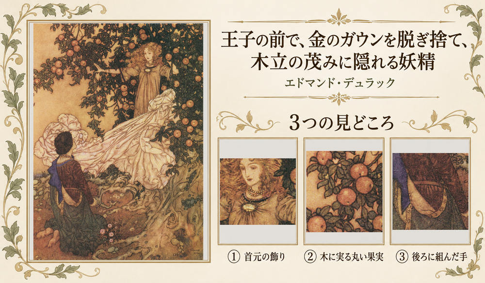 エドマンド・デュラック「王子の前で、金のガウンを脱ぎ捨て、木立の茂みに隠れる妖精」の全図と、首元の飾り、木に実る丸い果実、後ろに組んだ手を示した3つの見どころ