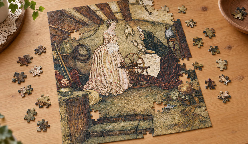 エドマンド・デュラック「屋根裏部屋にいる女王と糸巻棒を持つ老婆」を絵柄にした、組み立て途中のジグソーパズルのイメージ