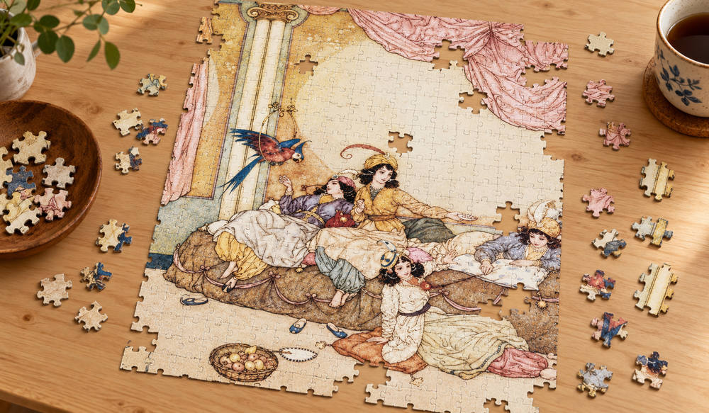 エドマンド・デュラック「青髭の豪華な家で暮らす妻たち」を絵柄にした、組み立て途中のジグソーパズルのイメージ