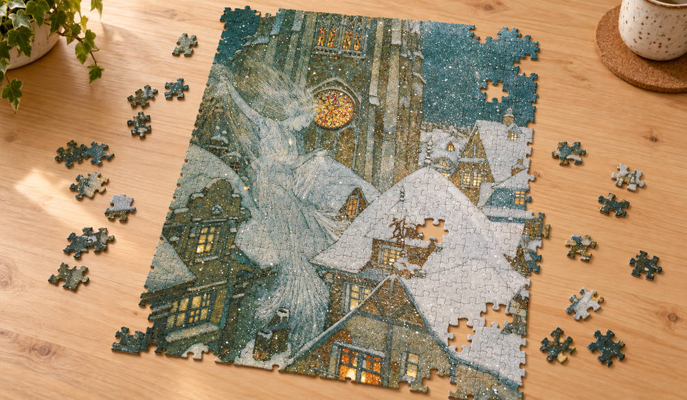 エドマンド・デュラック「雪の女王と雪が降る街並み」を絵柄にした、組み立て途中のジグソーパズルのイメージ