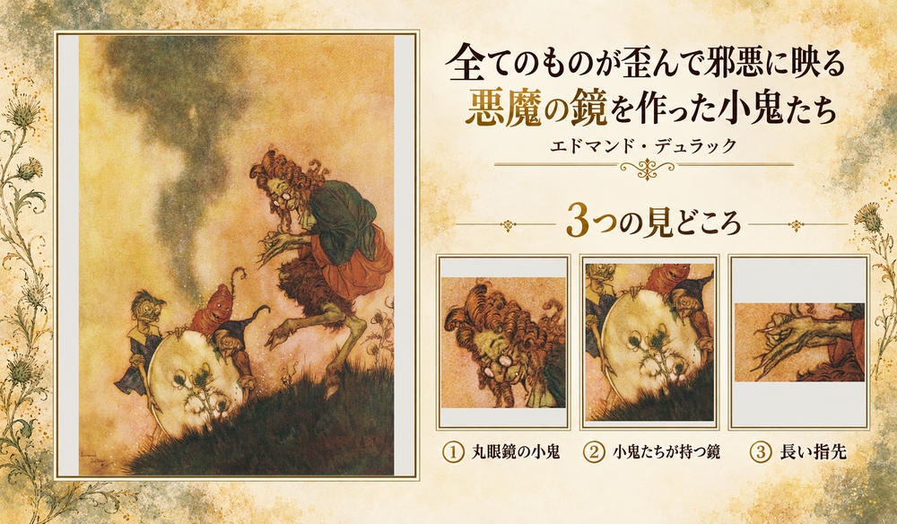 エドマンド・デュラック「全てのものが歪んで邪悪に映る悪魔の鏡を作った小鬼たち」の全図と、丸眼鏡の小鬼、小鬼たちが持つ鏡、長い指先を示した3つの見どころ