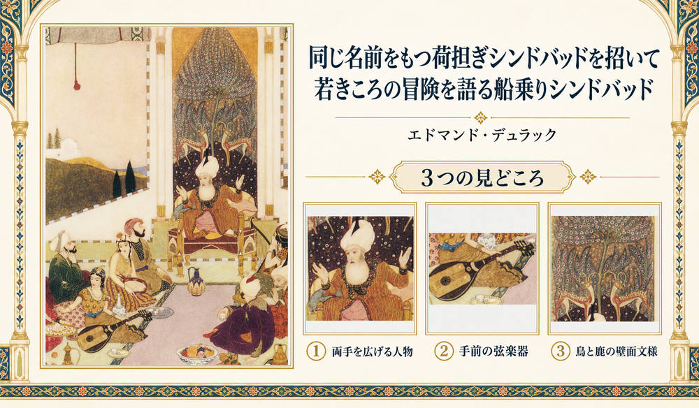 エドマンド・デュラック「同じ名前をもつ荷担ぎシンドバッドを招いて若きころの冒険を語る船乗りシンドバッド」の全図と、両手を広げる人物、手前の弦楽器、鳥と鹿の壁面文様を示した3つの見どころ