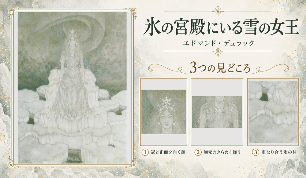 エドマンド・デュラック「氷の宮殿にいる雪の女王」の全図と、冠と正面を向く顔、胸元のきらめく飾り、重なり合う氷の柱を示した3つの見どころ
