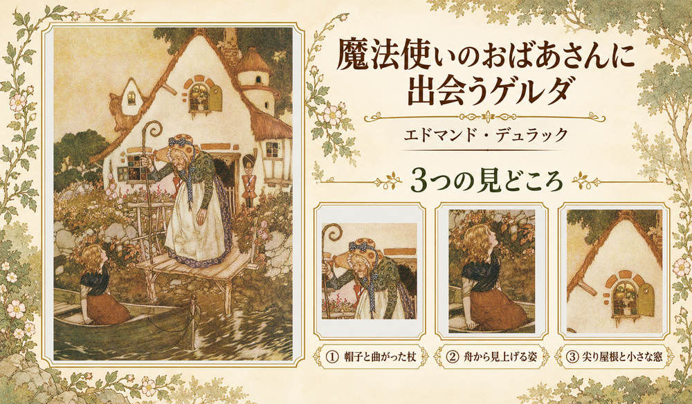 エドマンド・デュラック「魔法使いのおばあさんに出会うゲルダ」の全図と、帽子と曲がった杖、舟から見上げる姿、尖り屋根と小さな窓を示した3つの見どころ