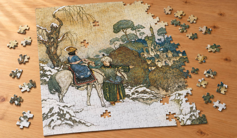 エドマンド・デュラック「野獣の館に娘のラ・ベルを連れていく商人の父」を絵柄にした、組み立て途中のジグソーパズルのイメージ