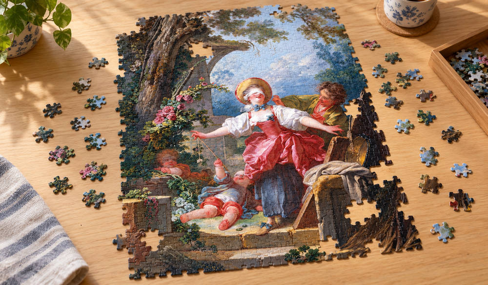 ジャン・オノレ・フラゴナール「目隠し鬼」を絵柄にした、組み立て途中のジグソーパズルのイメージ
