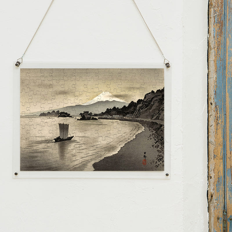 「西伊豆の帆掛け舟（小原古邨）」パズルをインテリアとして飾る