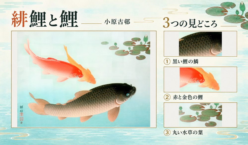 小原古邨「緋鯉と鯉」の全図と、黒い鯉の鱗、赤と金色の鯉、丸い水草の葉を示した3つの見どころ