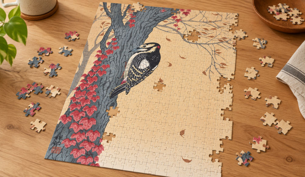 小原古邨「アカゲラ」を絵柄にした、組み立て途中のジグソーパズルのイメージ