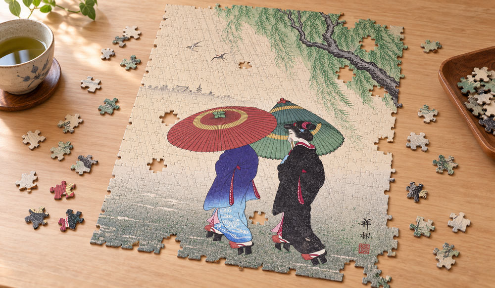 小原古邨「雨の中の二人の女」を絵柄にした、組み立て途中のジグソーパズルのイメージ