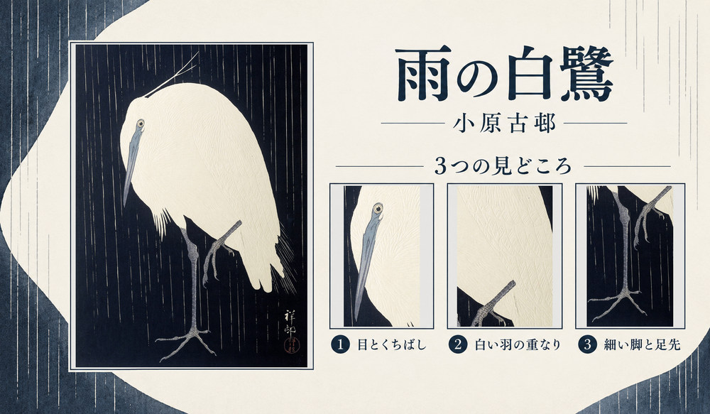 小原古邨「雨の白鷺」の全図と、目とくちばし、白い羽の重なり、細い脚と足先を示した3つの見どころ