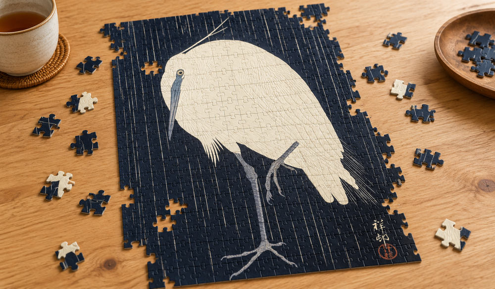 小原古邨「雨の白鷺」を絵柄にした、組み立て途中のジグソーパズルのイメージ