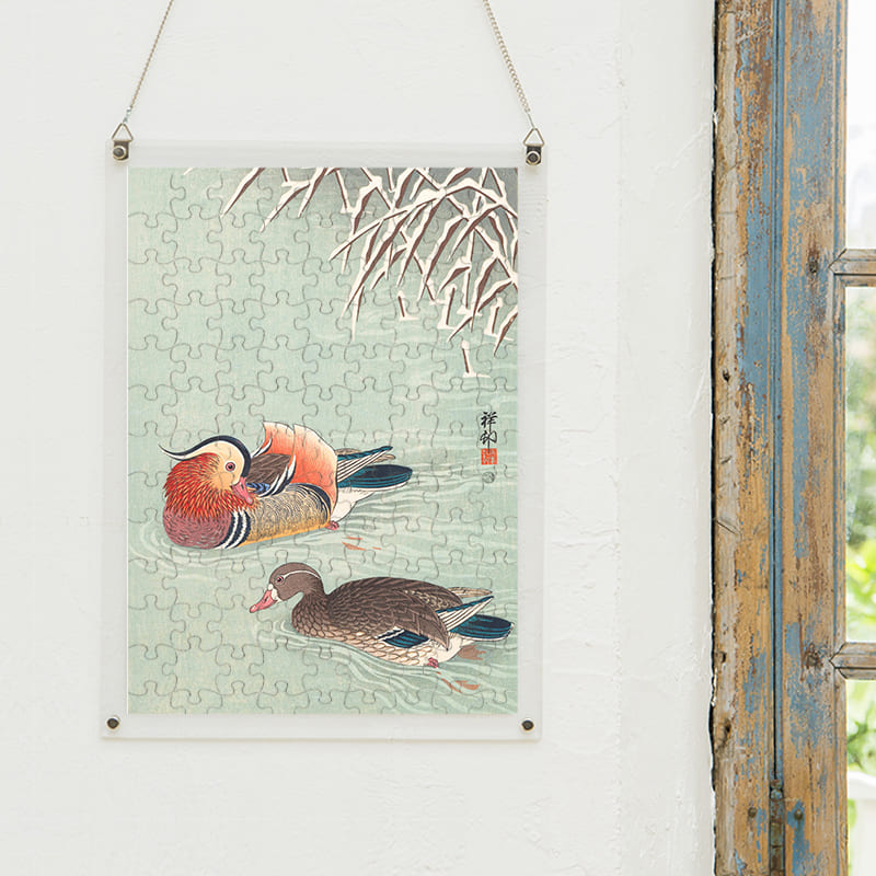 「鴛鴦（小原古邨）」パズルをインテリアとして飾る