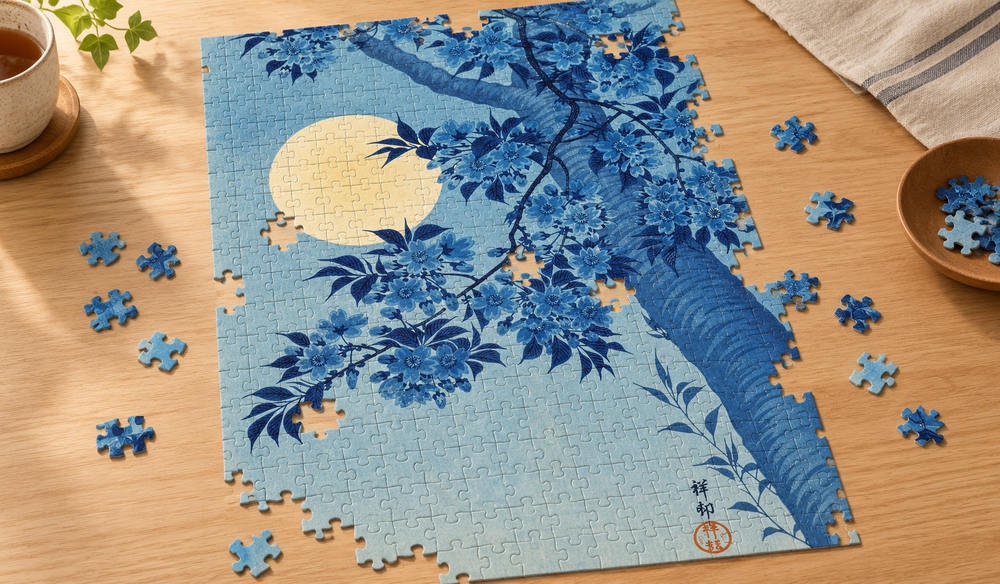 小原古邨「月に花」を絵柄にした、組み立て途中のジグソーパズルのイメージ