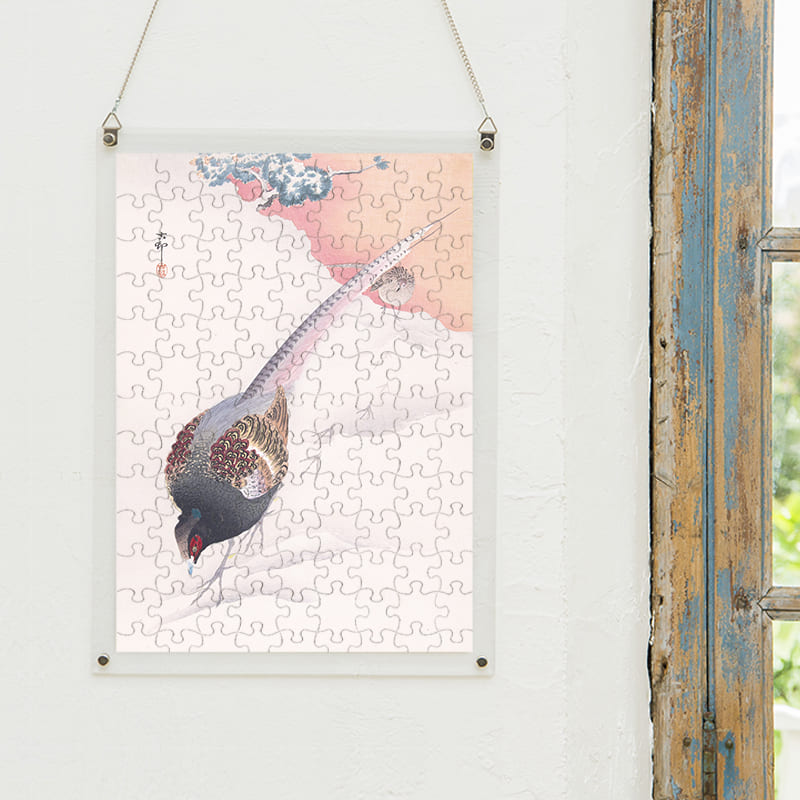 「雪の雉（小原古邨）」パズルをインテリアとして飾る
