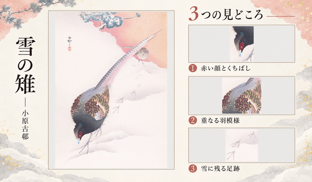 小原古邨「雪の雉」の全図と、赤い顔とくちばし、重なる羽模様、雪に残る足跡を示した3つの見どころ
