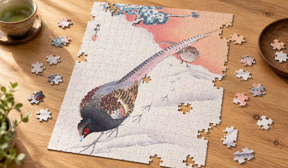 小原古邨「雪の雉」を絵柄にした、組み立て途中のジグソーパズルのイメージ