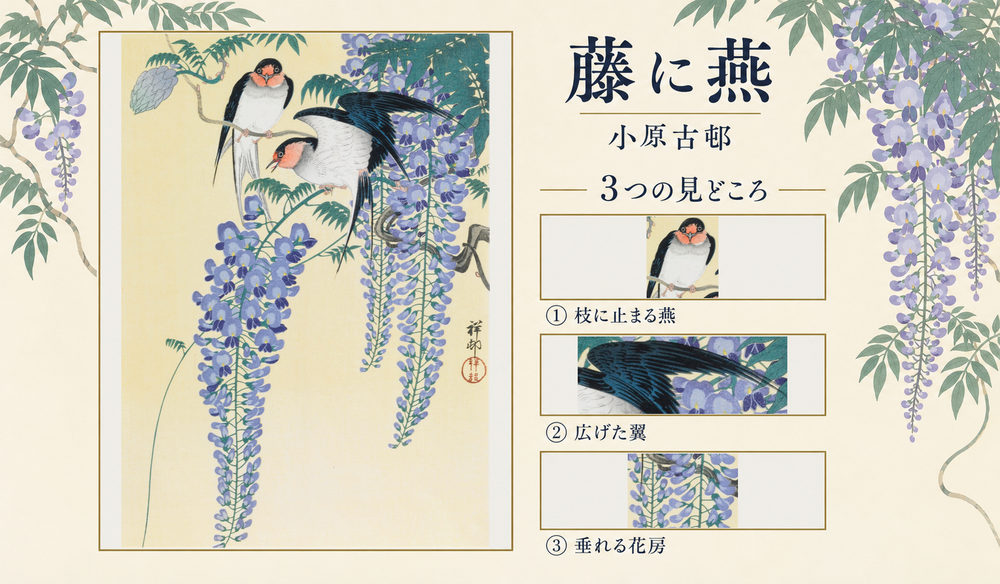 小原古邨「藤に燕」の全図と、枝に止まる燕、広げた翼、垂れる花房を示した3つの見どころ