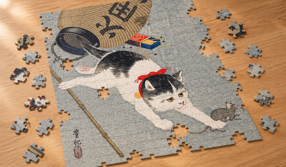 小原古邨「猫に提灯」を絵柄にした、組み立て途中のジグソーパズルのイメージ