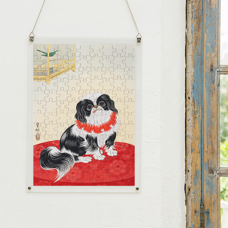 「狆（小原古邨）」パズルをインテリアとして飾る