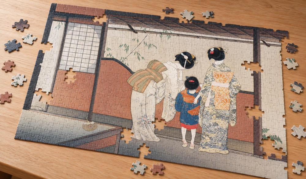 北野恒富「宵宮の雨」を絵柄にした、組み立て途中のジグソーパズルのイメージ