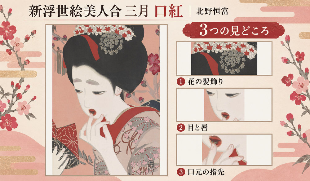 北野恒富「新浮世絵美人合 三月 口紅」の全図と、花の髪飾り、目と唇、口元の指先を示した3つの見どころ