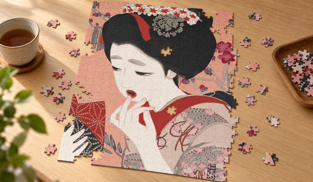 北野恒富「新浮世絵美人合 三月 口紅」を絵柄にした、組み立て途中のジグソーパズルのイメージ