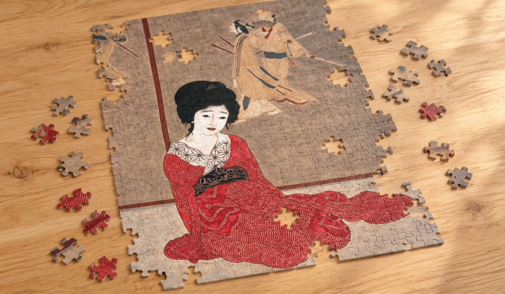 北野恒富「暖か」を絵柄にした、組み立て途中のジグソーパズルのイメージ