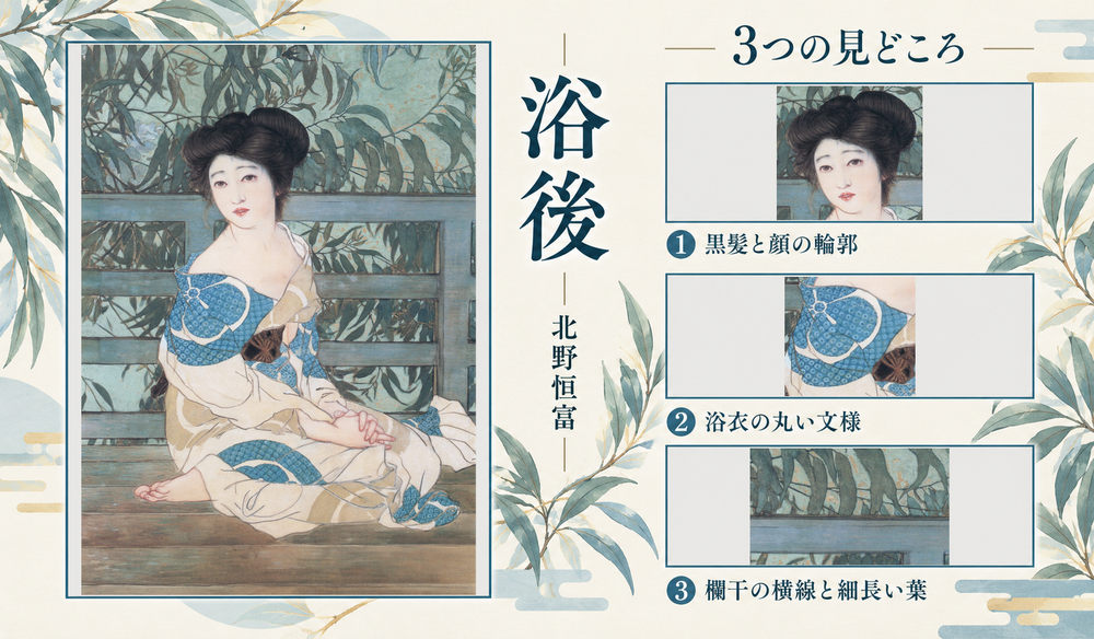 北野恒富「浴後」の全図と、黒髪と顔の輪郭、浴衣の青い丸い文様、欄干と枝葉を示した3つの見どころ