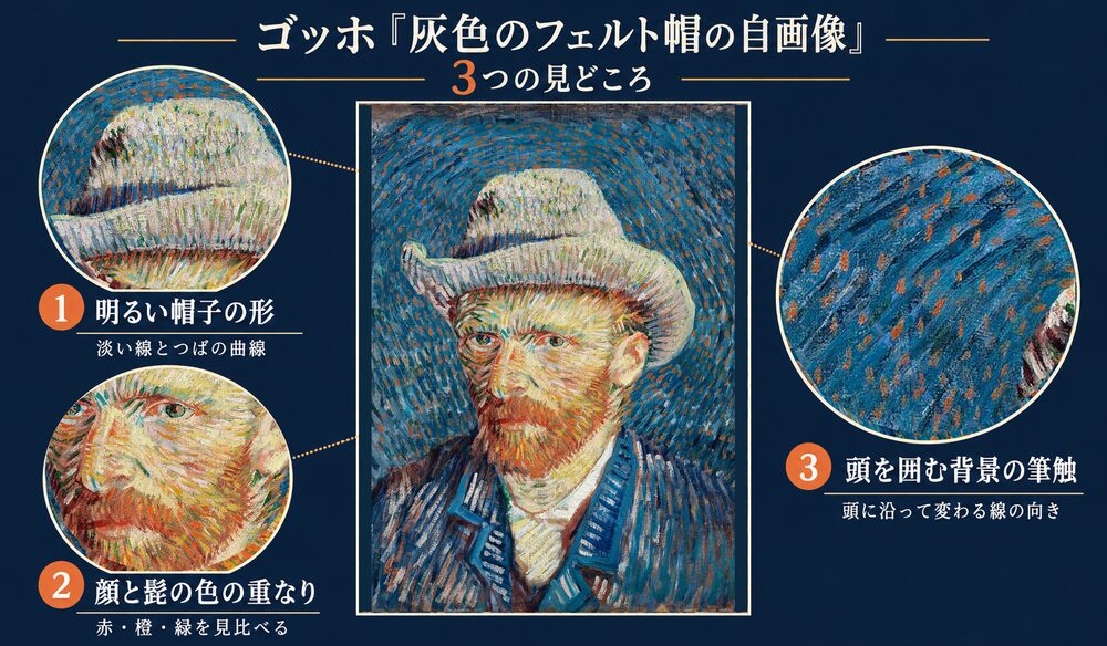 「自画像-灰色のフェルト帽をかぶったもの」の3つの見どころ：明るい帽子の形、顔と髭の色の重なり、頭を囲む背景の筆触