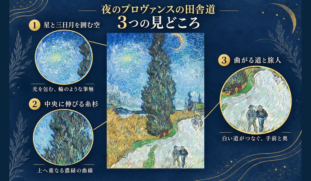 「夜のプロヴァンスの田舎道」の3つの見どころ：星と三日月を囲む空、中央に伸びる糸杉、曲がる道と旅人