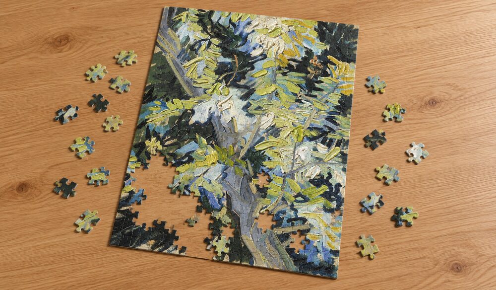ゴッホ「アカシアの花」の組み立て途中を表したアートパズルのイメージ