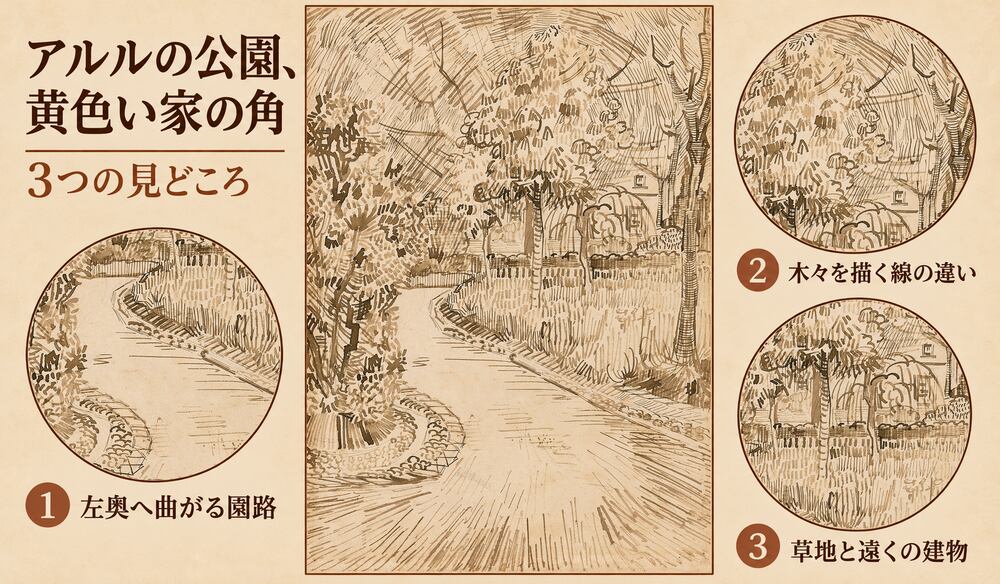 「アルルの公園、黄色い家の角」の3つの見どころ：左奥へ曲がる園路、木々を描く線の違い、草地と遠くの建物