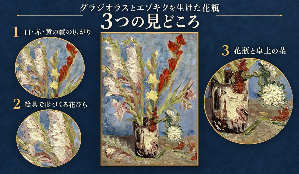 「グラジオラスとエゾキクを生けた花瓶」の3つの見どころ：白・赤・黄の縦の広がり、絵具で形づくる花びら、花瓶と卓上の茎
