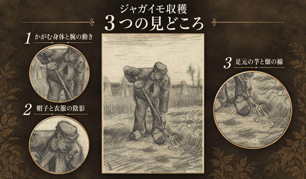 「ジャガイモ収穫」の3つの見どころ：かがむ身体と腕の動き、帽子と衣服の陰影、足元の芋と畑の線