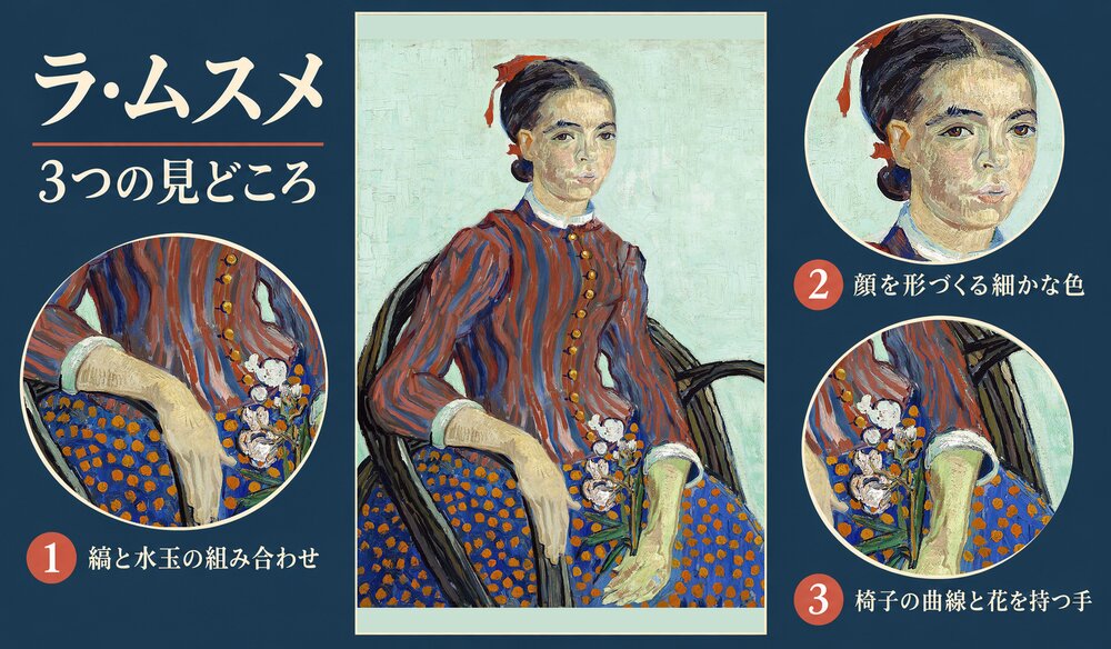 「ラ・ムスメ」の3つの見どころ：縞と水玉の組み合わせ、顔を形づくる細かな色、椅子の曲線と花を持つ手