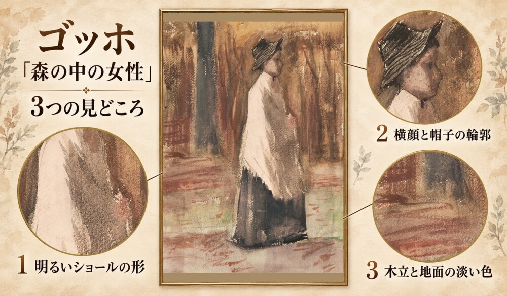 「森の中の女性」の3つの見どころ：明るいショールの形、横顔と帽子の輪郭、木立と地面の淡い色