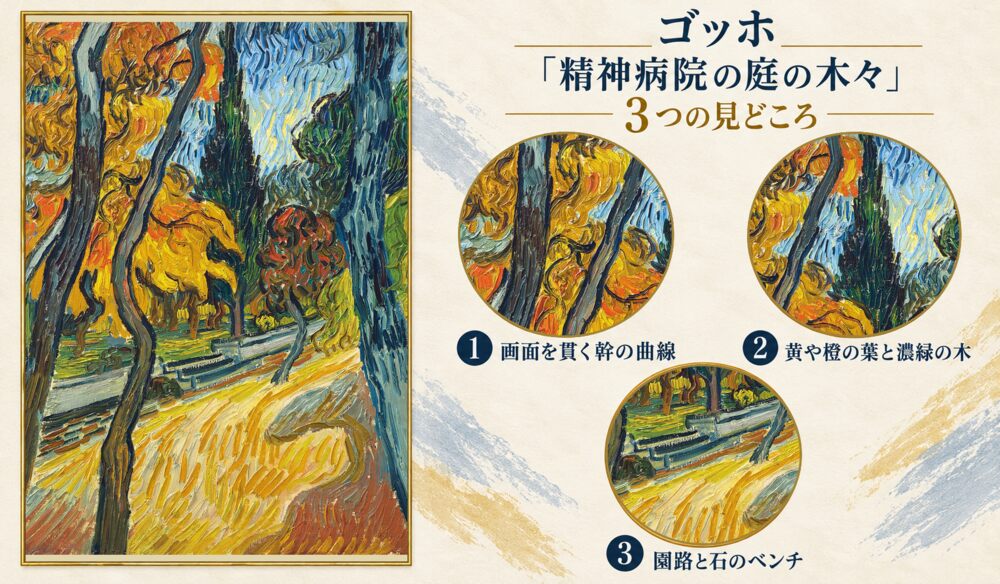 「精神病院の庭の木々」の3つの見どころ：画面を貫く幹の曲線、黄や橙の葉と濃緑の木、園路と石のベンチ