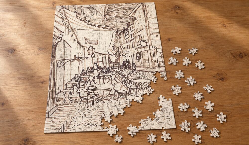 ゴッホ「夜のカフェテラス(デッサン画)」の組み立て途中を表したアートパズルのイメージ