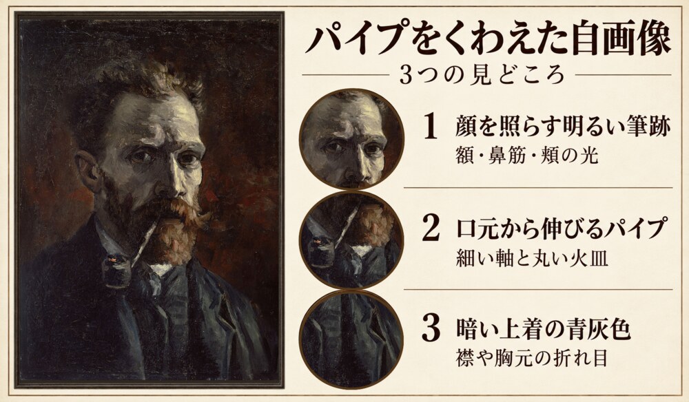 「パイプをくわえた自画像（1886年）」の3つの見どころ：顔を照らす明るい筆跡、口元から伸びるパイプ、暗い上着の青灰色