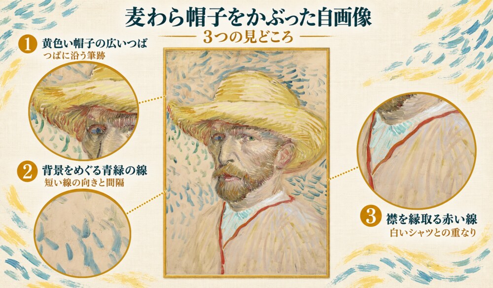 「麦わら帽子をかぶった自画像（1887年夏）」の3つの見どころ：黄色い帽子の広いつば、背景をめぐる青緑の線、襟を縁取る赤い線